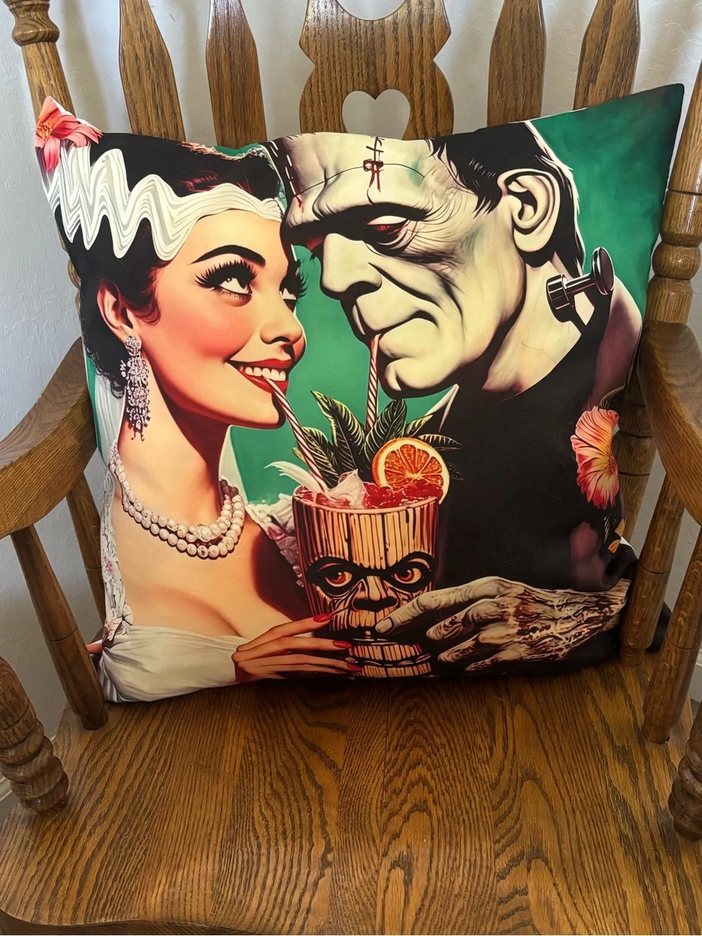 BRAND NEW Retro Frankenstein & Bride Tiki Bar Cocktail TimeOversized ThrowPillow